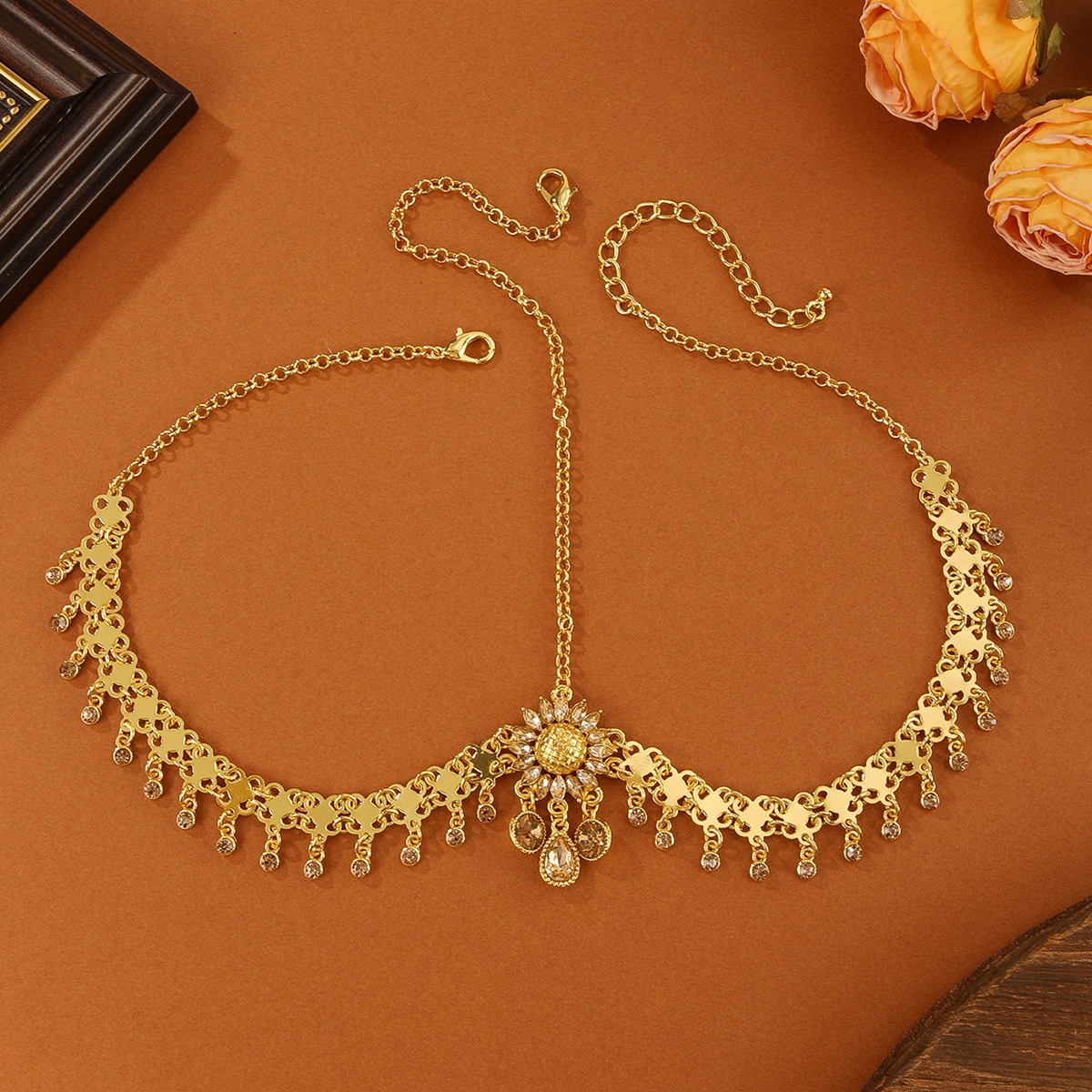 Golden Alloy Rhinestone Daisy Sunflower Water Drop Crystal Tassel Head Chain