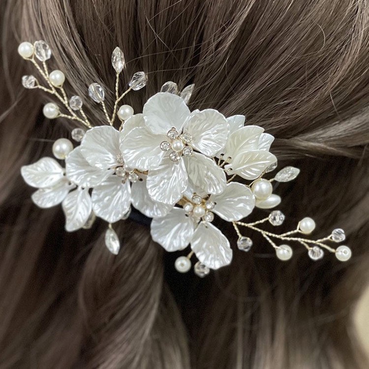 Bridal Hair Accessory White Shell Petal Pearl Crystal Hair Clip