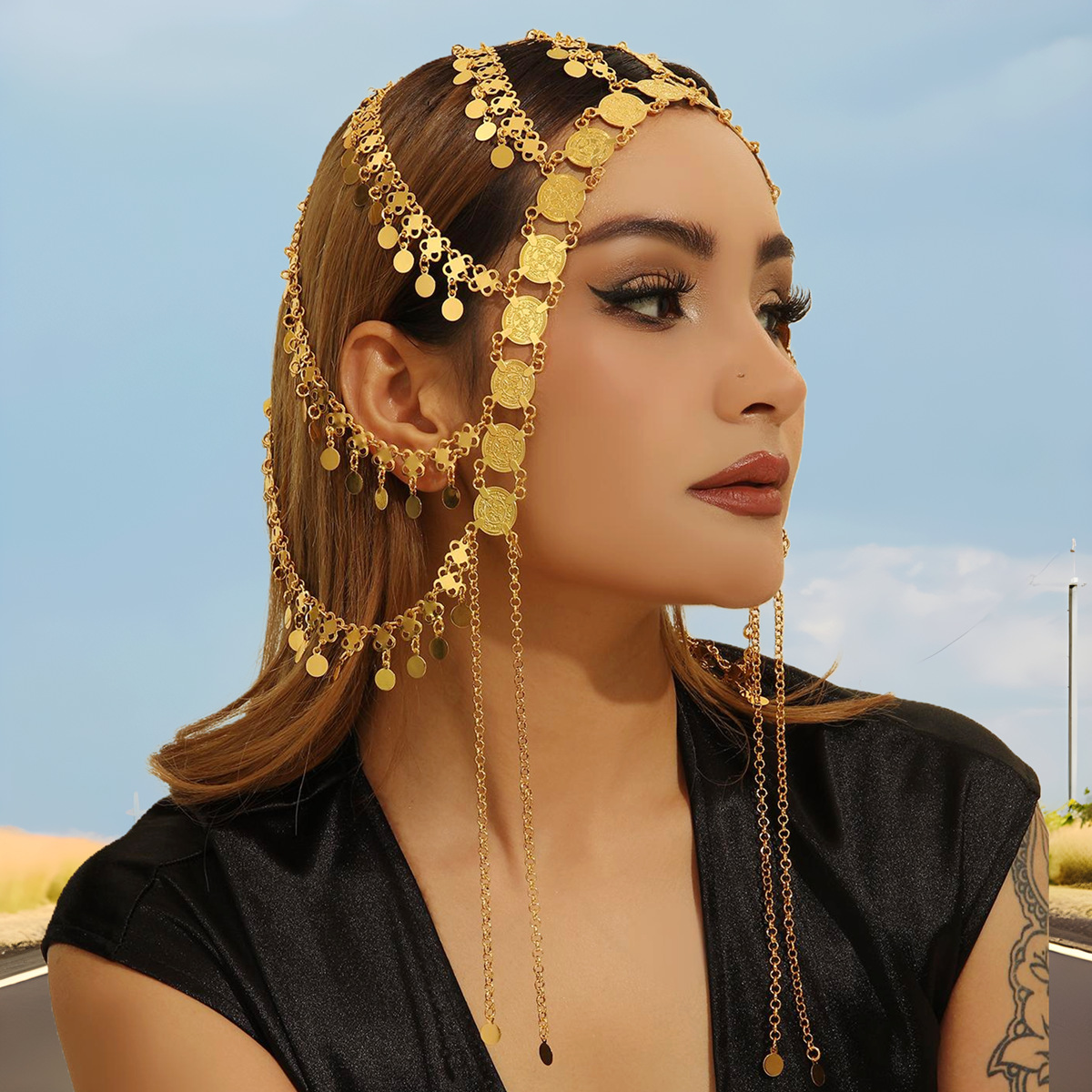 Gold Alloy Coin Tassel Headband Hair Chain