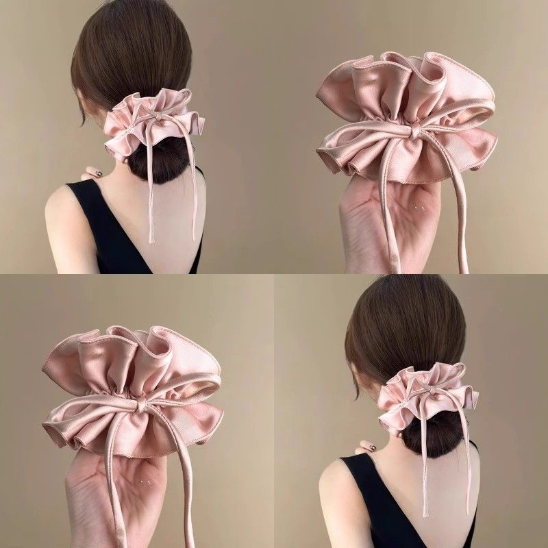 Gentle Double Layer Pleated Bow Ribbon Scrunchie, Elegant Hair Tie for Women