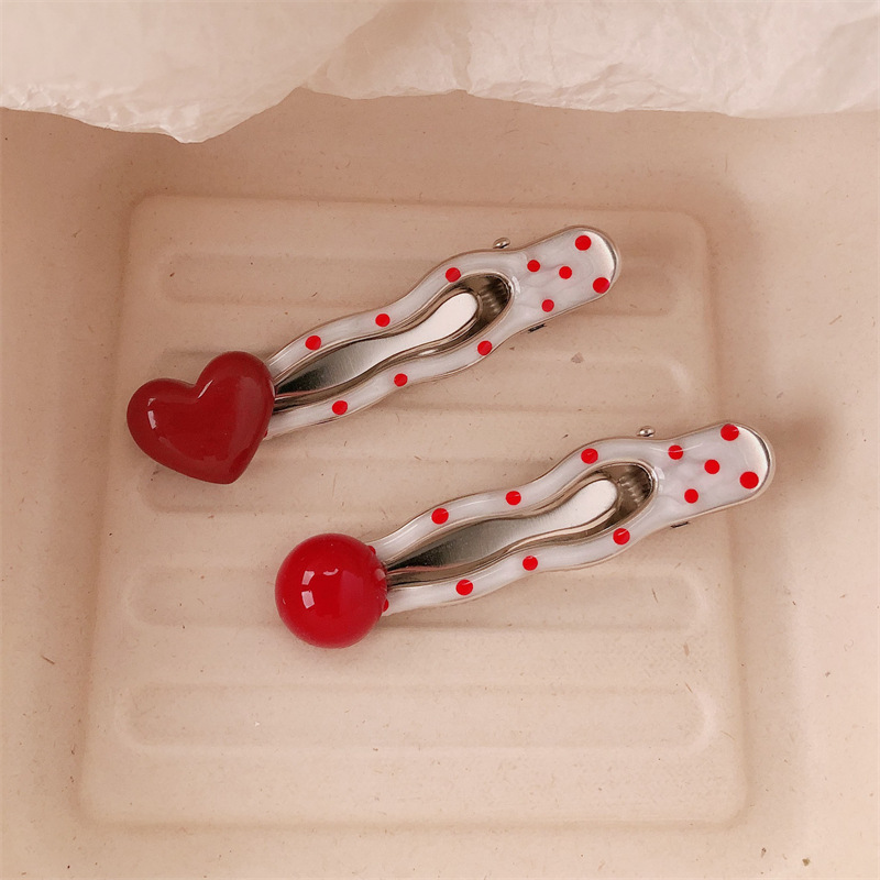 Korean Red 3D Heart Hair Clip, French Vintage Polka Dot Side Bangs Hair Pin for Women