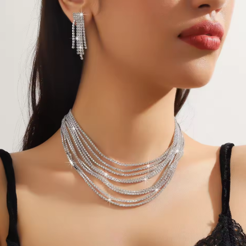 Luxury European and American Fashion Full Rhinestone Multi-layer Tassel Exaggerated Necklace Earring Jewelry Set for Party