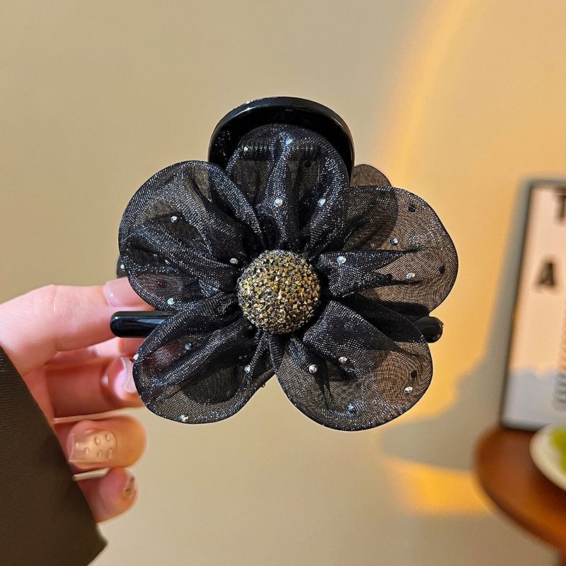 New Mesh Rhinestone Sunflower Hair Claw, Elegant Back Head Hair Clip for Half Up & Bun Hairstyles