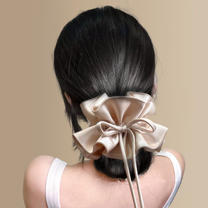 Gentle Double Layer Pleated Bow Ribbon Scrunchie, Elegant Hair Tie for Women