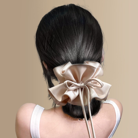 Gentle Double Layer Pleated Bow Ribbon Scrunchie, Elegant Hair Tie for Women