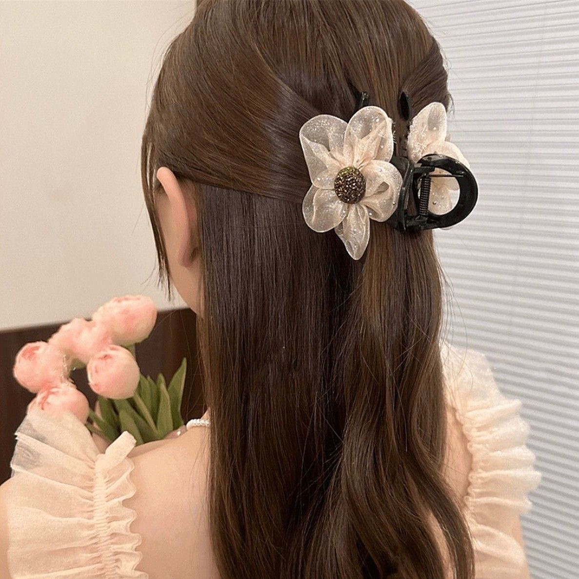 New Mesh Rhinestone Sunflower Hair Claw, Elegant Back Head Hair Clip for Half Up & Bun Hairstyles