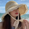 Summer Travel Beach UV Protection Foldable Sun Hat Women Hat Wide Brimmed Lace Edge Hollow French Straw Hat