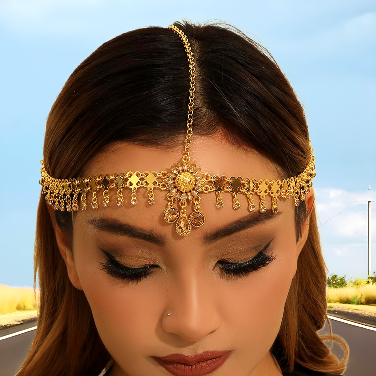 Golden Alloy Rhinestone Daisy Sunflower Water Drop Crystal Tassel Head Chain