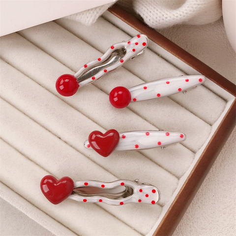 Korean Red 3D Heart Hair Clip, French Vintage Polka Dot Side Bangs Hair Pin for Women
