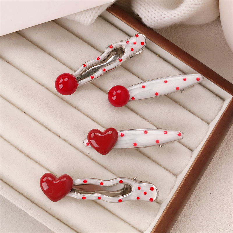 Korean Red 3D Heart Hair Clip, French Vintage Polka Dot Side Bangs Hair Pin for Women