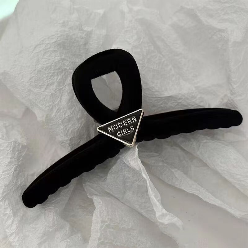 Black Flocked Triangle Label Shark Hair Claw, French Vintage Elegant Hair Clip for Women
