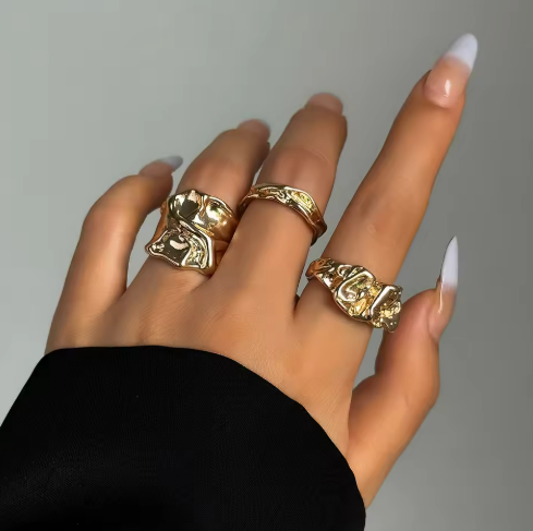 Fashion Korean Women and Men Irregular Personalized Gold Plated Ring Open Size Adjustable Ring Set for Unisex