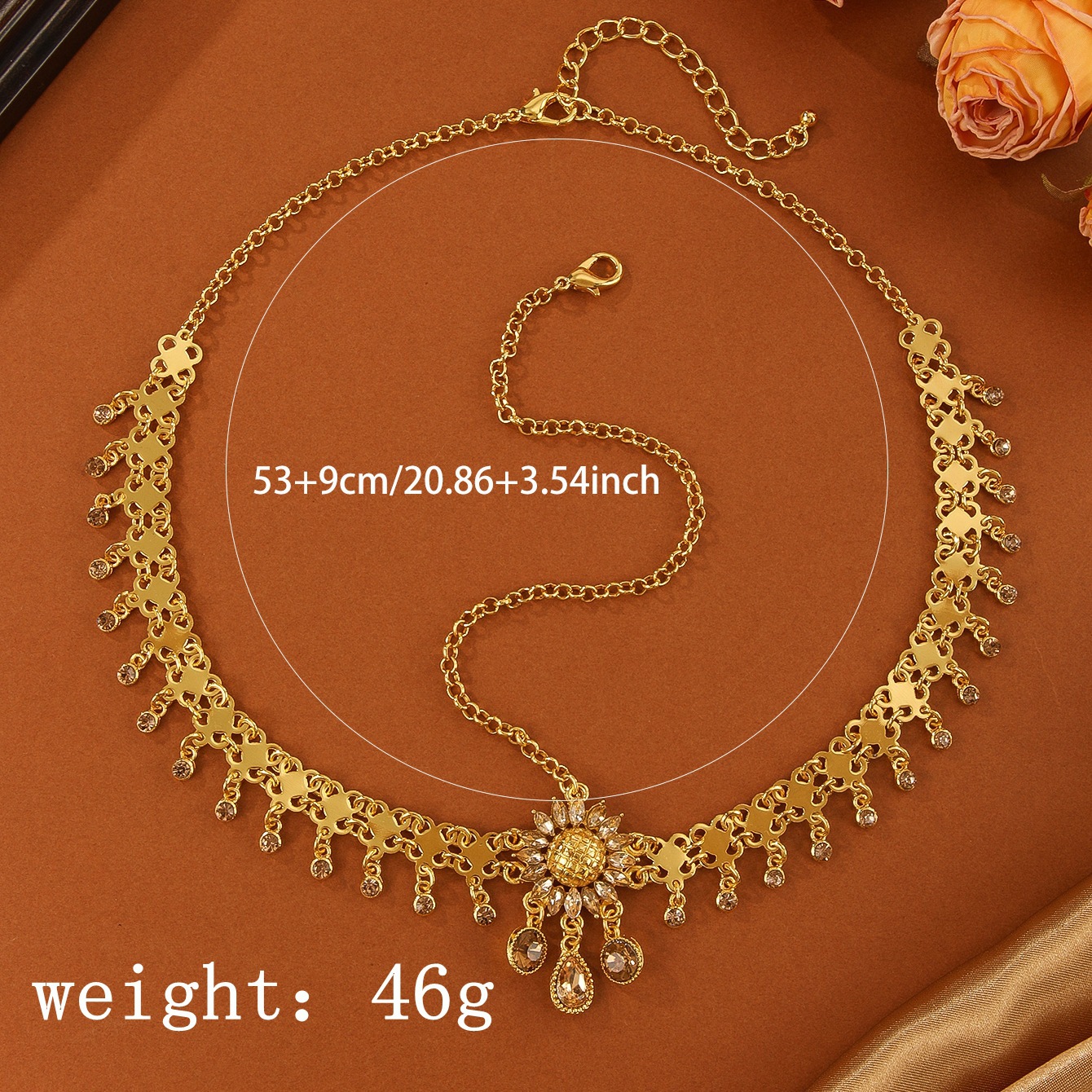 Golden Alloy Rhinestone Daisy Sunflower Water Drop Crystal Tassel Head Chain