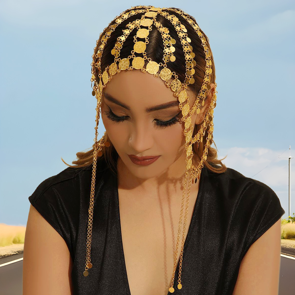 Gold Alloy Coin Tassel Headband Hair Chain