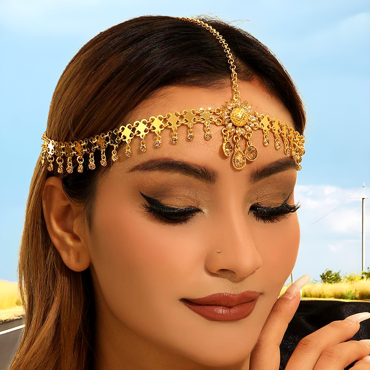 Golden Alloy Rhinestone Daisy Sunflower Water Drop Crystal Tassel Head Chain