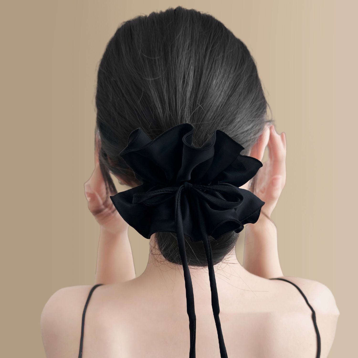 Gentle Double Layer Pleated Bow Ribbon Scrunchie, Elegant Hair Tie for Women