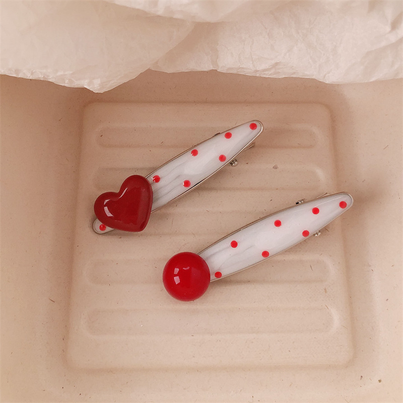 Korean Red 3D Heart Hair Clip, French Vintage Polka Dot Side Bangs Hair Pin for Women