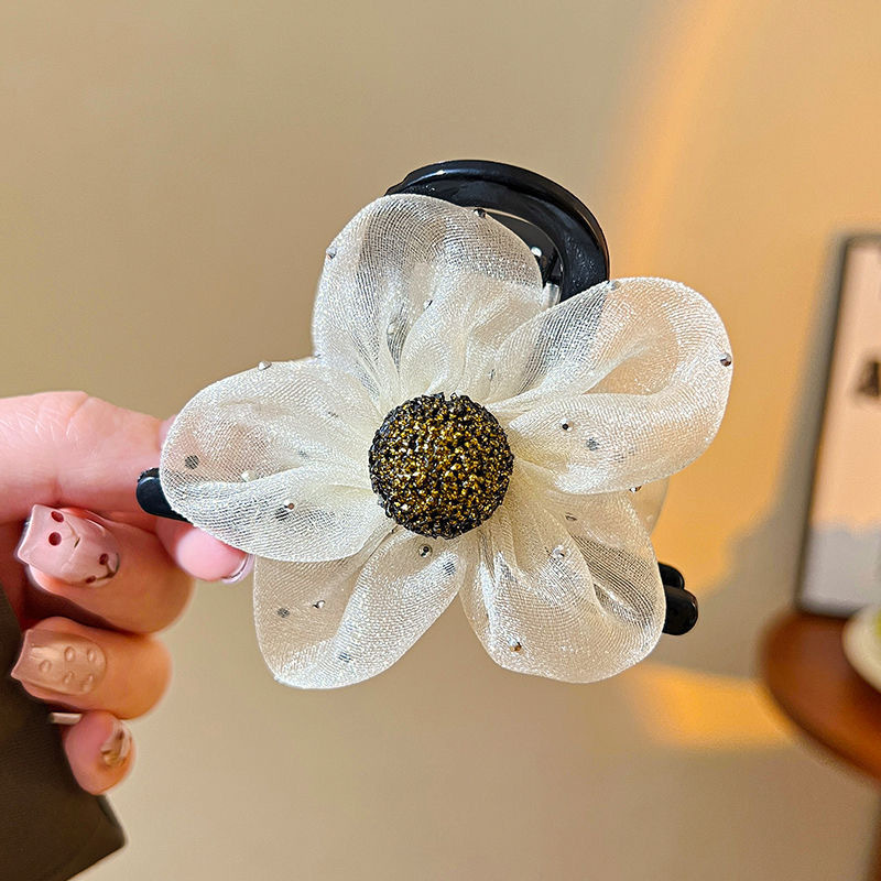 New Mesh Rhinestone Sunflower Hair Claw, Elegant Back Head Hair Clip for Half Up & Bun Hairstyles