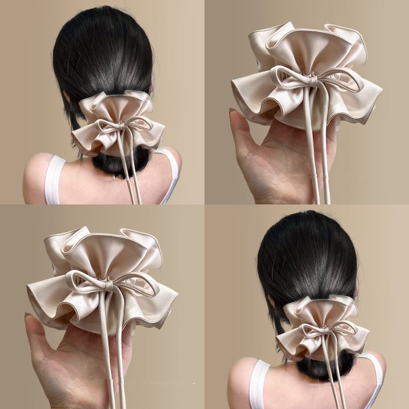 Gentle Double Layer Pleated Bow Ribbon Scrunchie, Elegant Hair Tie for Women