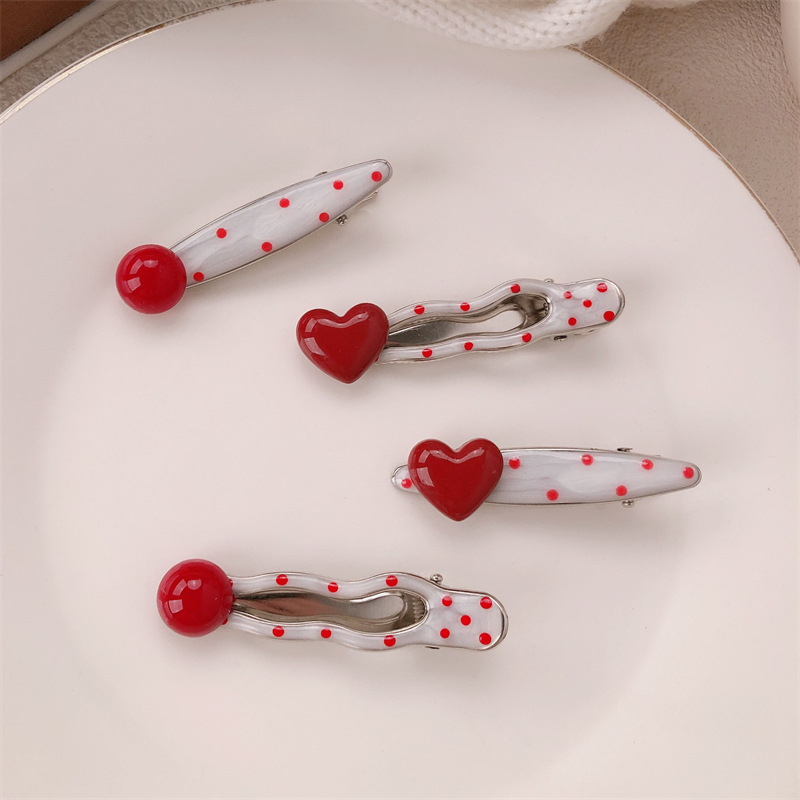 Korean Red 3D Heart Hair Clip, French Vintage Polka Dot Side Bangs Hair Pin for Women