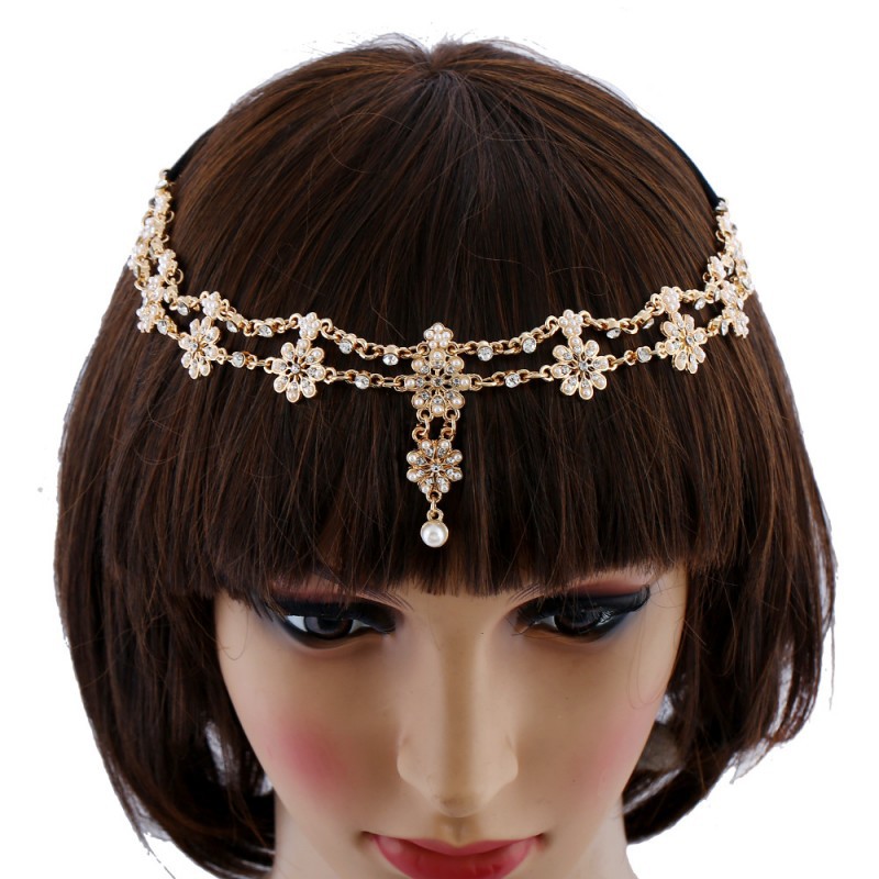 Pearl Flower Elastic Tassel Alloy Rhinestone Headpiece