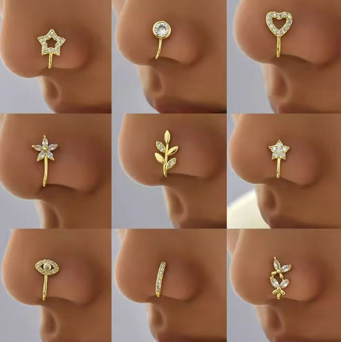 Cross-Border New Star Trendy Micro-Inlaid Non-Pierced Nose Stud Gold Plated U-Shaped Copper Flower Butterfly Hot Selling Jewelry