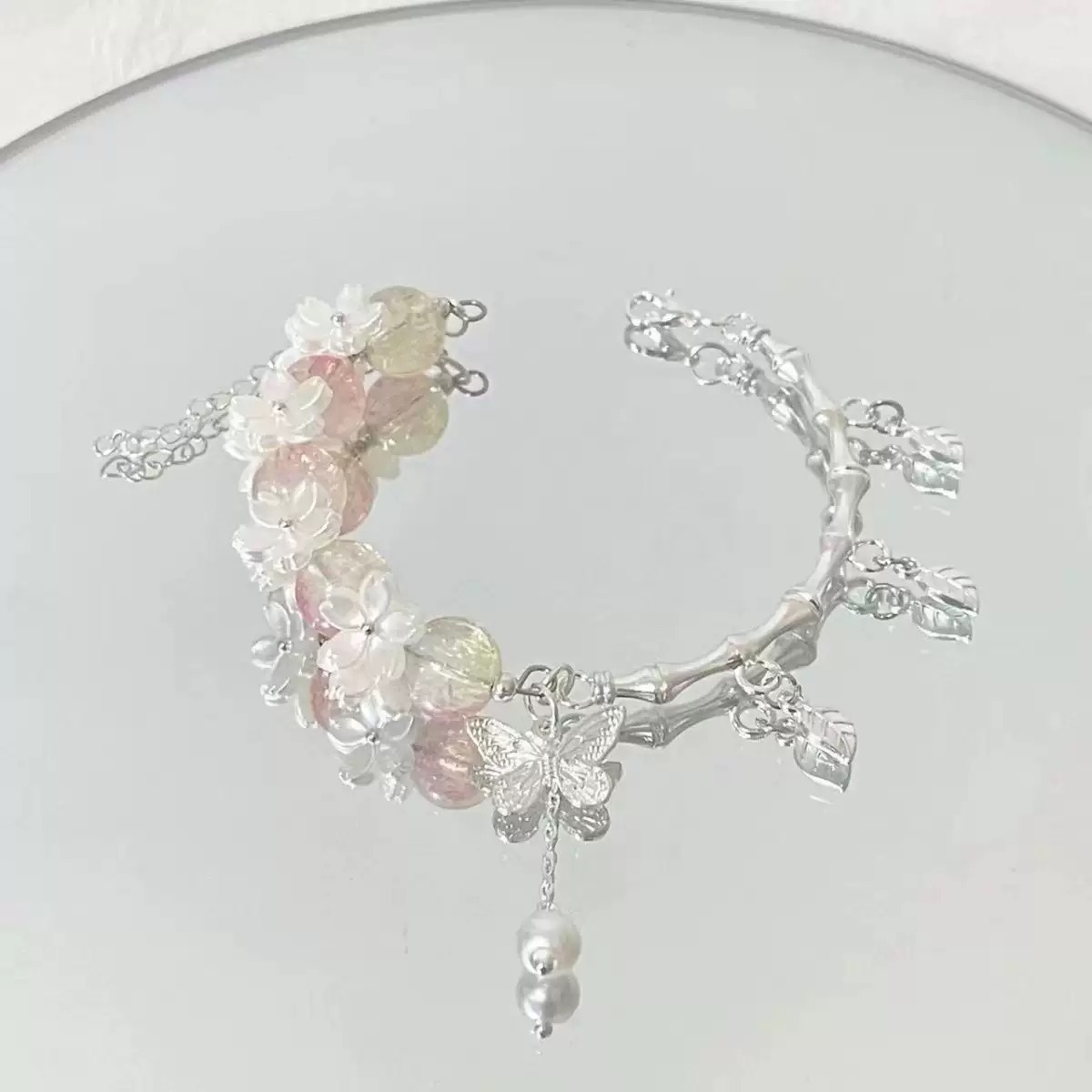 Chinese Style Bamboo Butterfly Bracelet, Cool Tone Burst Bead Bracelet