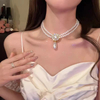 Luxury Double Pearl Chain Necklace with Crystal Embellished Pendant