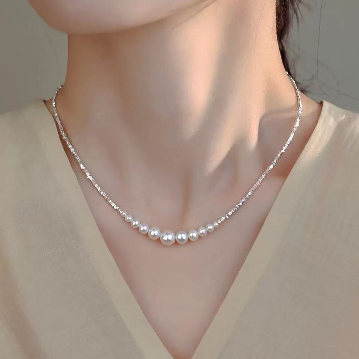 Shimmering Silver Chain with Curved Pearl Smile Necklace | Elegant Bridal Jewelry