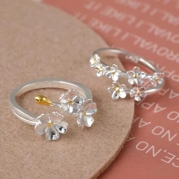 Silver Floral Branch Open Ring Set – Delicate Gold Accent Flower Statement Rings, Nature Inspired Jewelry for Women