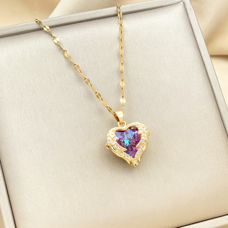 Titanium Steel Colorful Blue Heart Wing Necklace