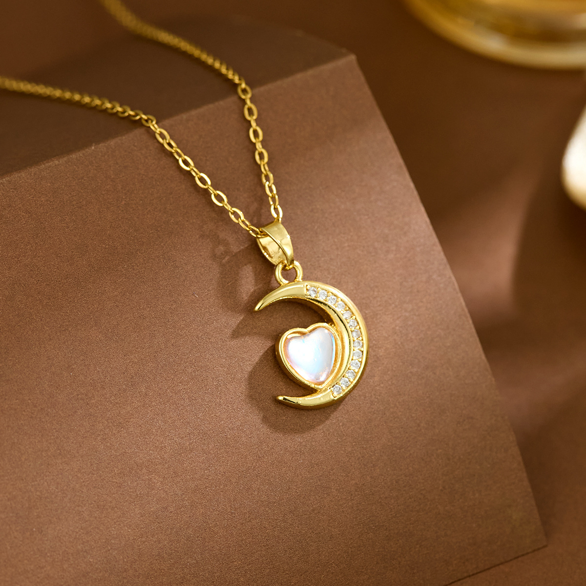 Fashion Gold Plated Moon Star Heart Pendant Necklace, Rhinestone Crescent Celestial Jewelry For Women