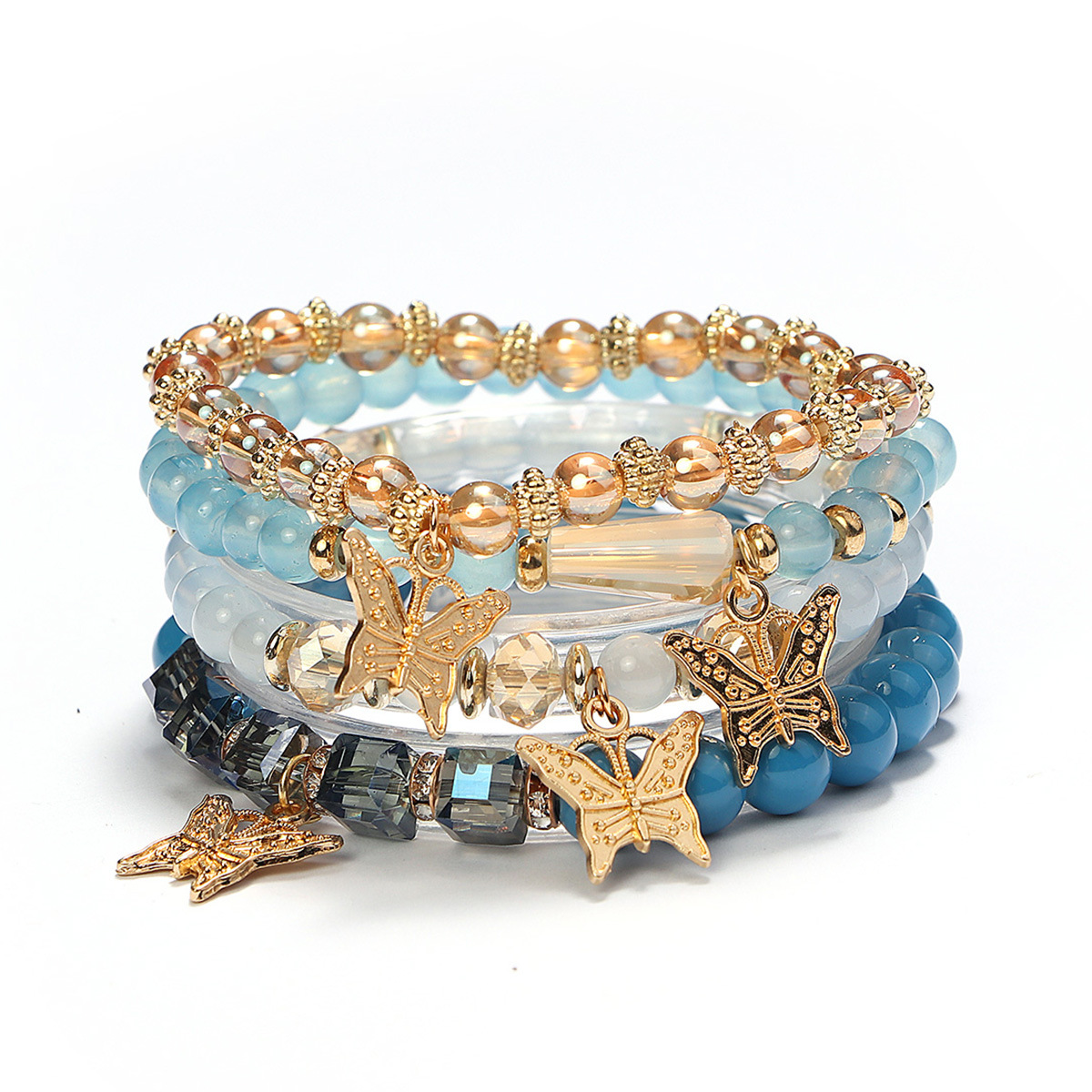 4pcs/Set Elegant Gold Butterfly Charm Beaded Bracelets Stackable Crystal Pearl Bracelet Set