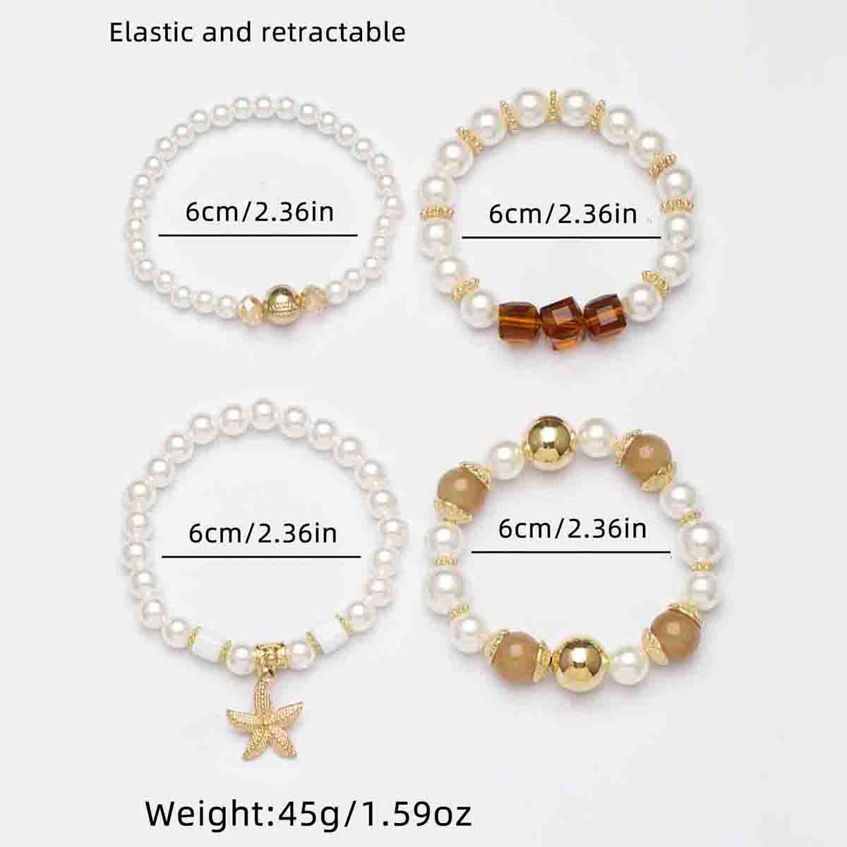 4pcs/Set Boho Pearl & Crystal Beaded Bracelets with Starfish Charm | Beachy Stackable Bracelet Set