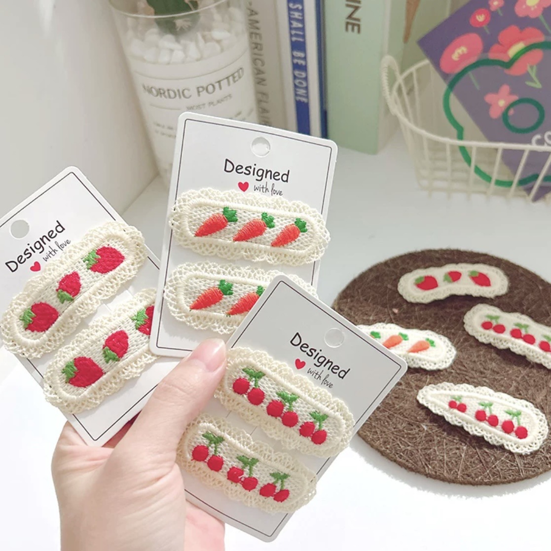 Cute Fruit Embroidered Lace Hair Clips for Women Girls