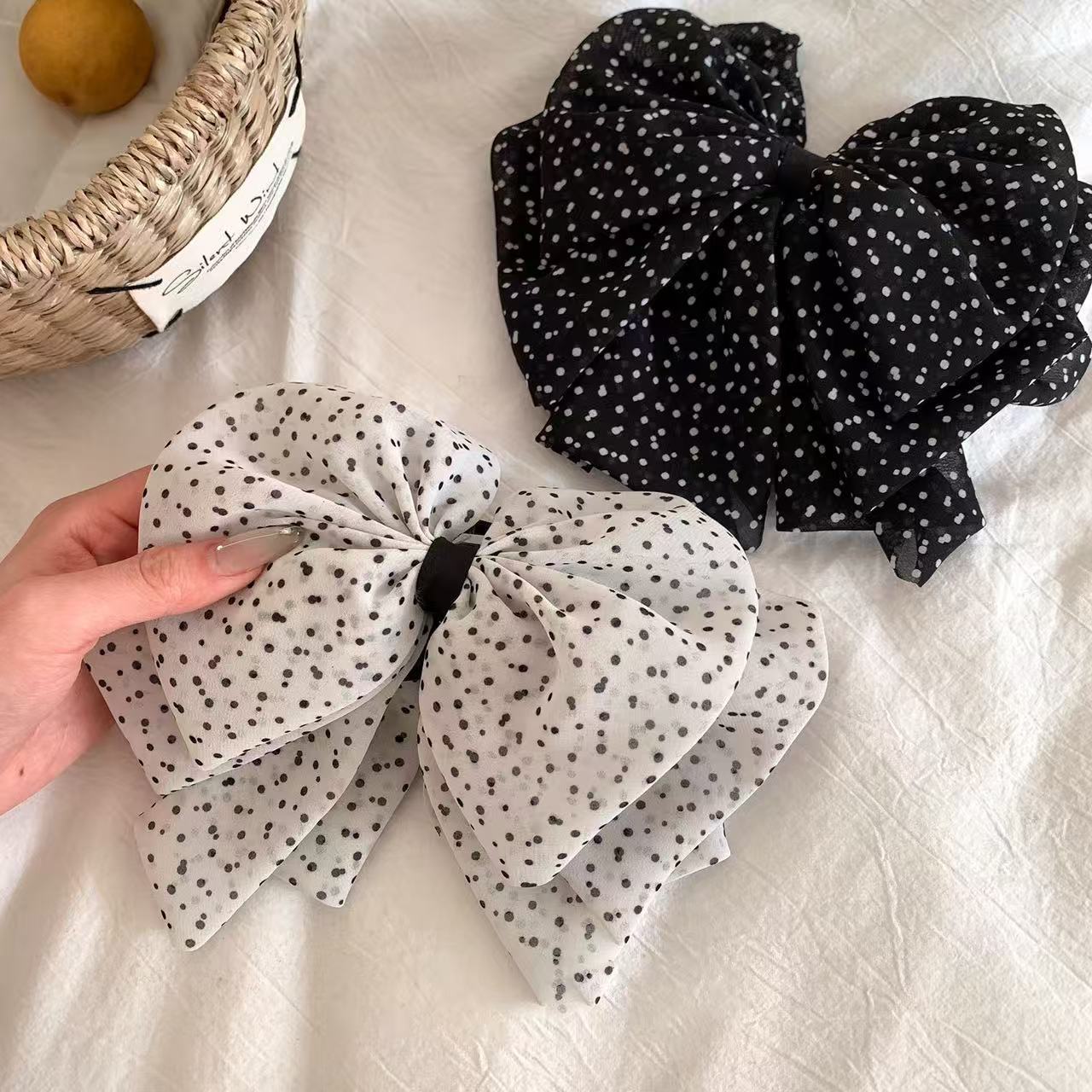 New French Vintage Polka Dot Tulle Bow Hair Claw Clip