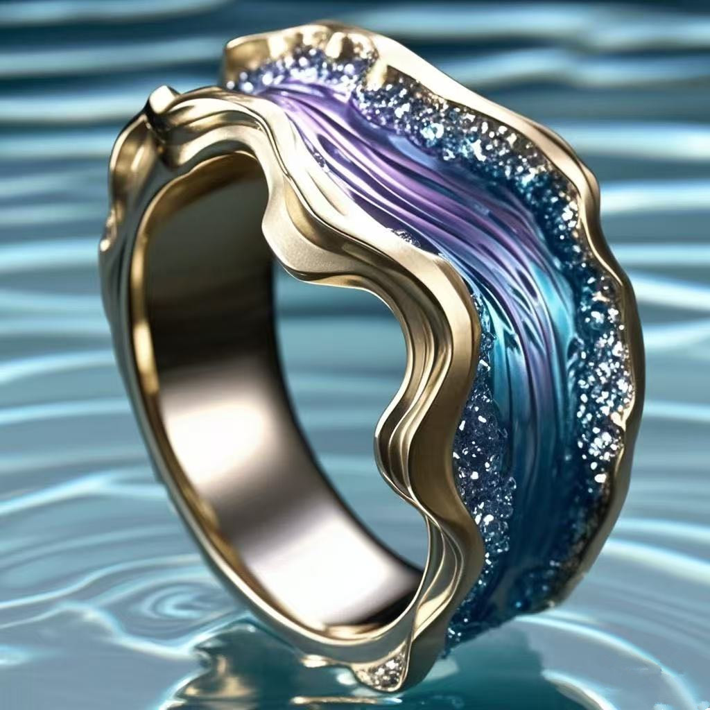 Ocean Wave Enamel Ring Collection – Blue/Purple Crystal Wave Statement Ring for Women Ocean Inspired Jewelry