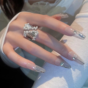 Silver Pearl Cluster Open Ring – Vintage Textured Statement Ring for Women, Adjustable Fashion Jewelry