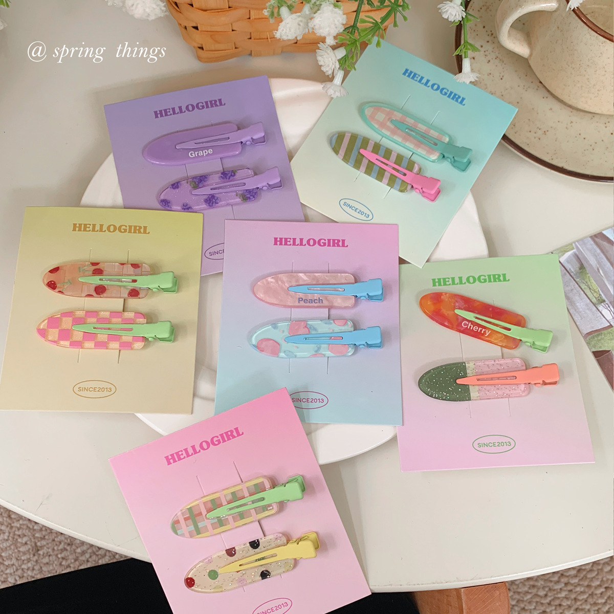 Spring Fruit Print No-Bend Hair Clips Cherry Grape Peach Side Barrettes