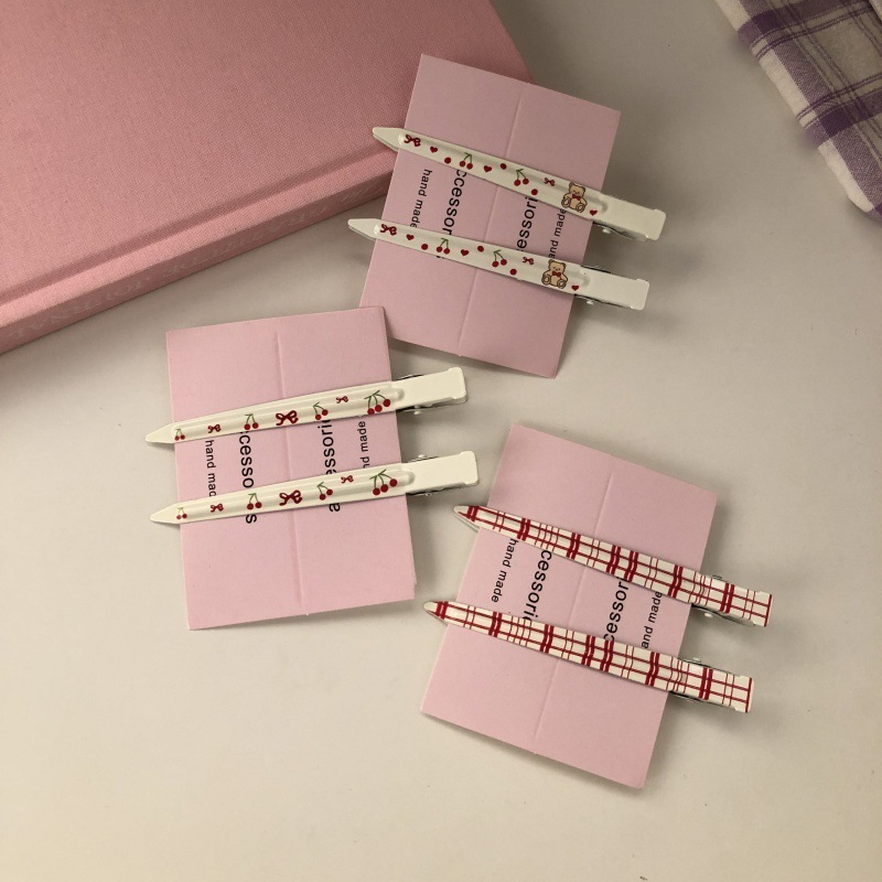 Cherry Bear Plaid No-Bend Hair Clips Sweet Side Barrettes Makeup Clips