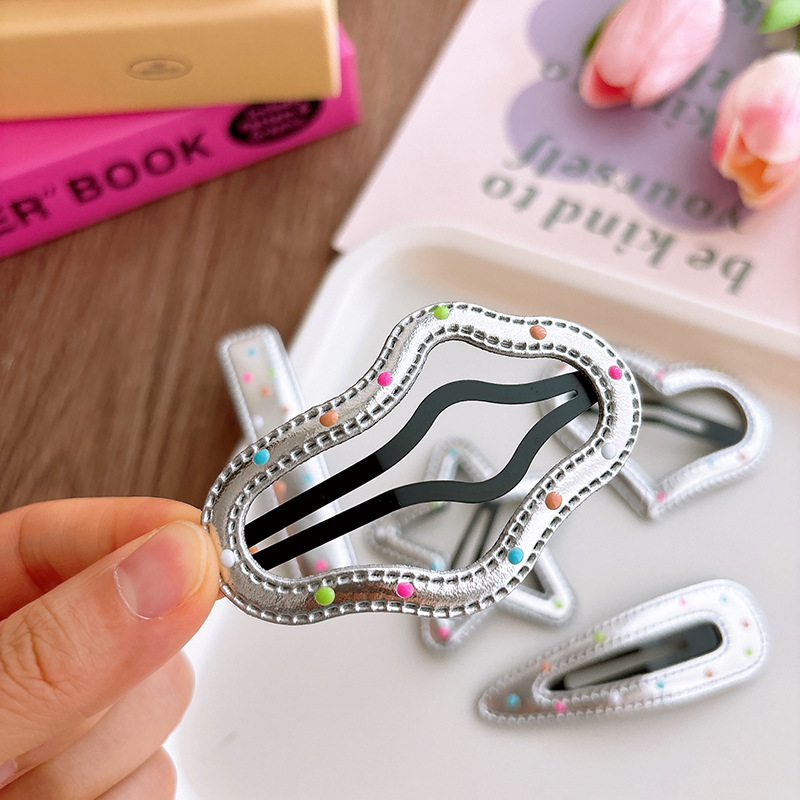 Silver Faux Leather Colorful Dot Hair Clips Star Heart Wave Barrettes