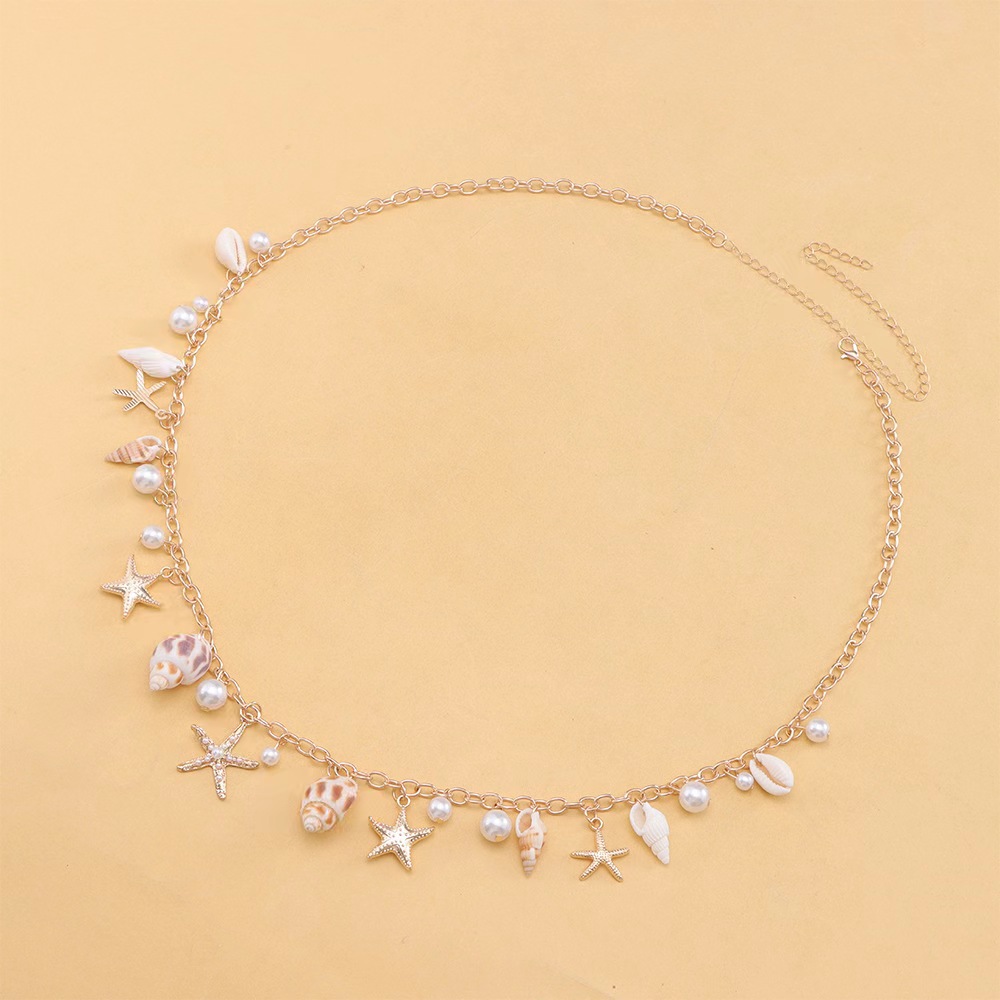 Seashell Starfish Pearl Chain Belt - Beach Boho Adjustable Waist Jewelry