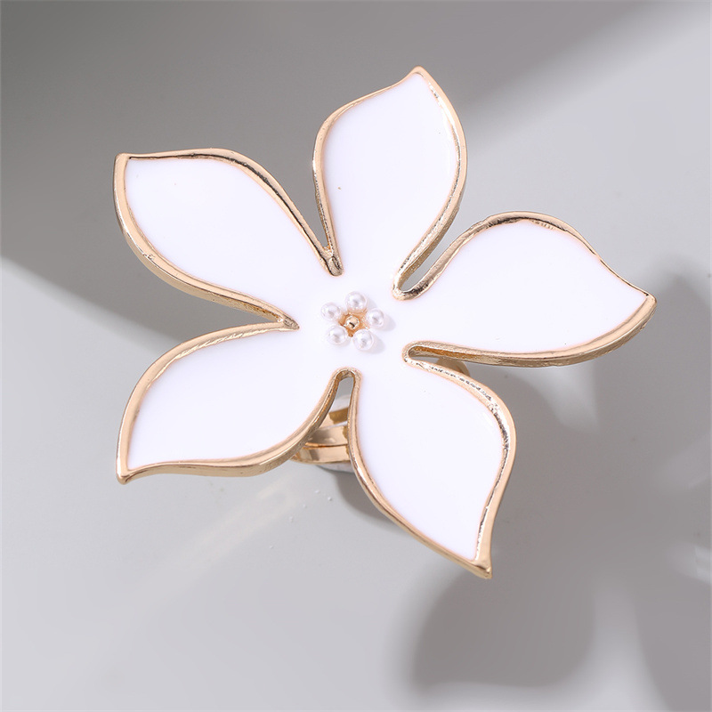 White Enamel Flower Ring for Women, Gold Tone Oversized Floral Statement Ring