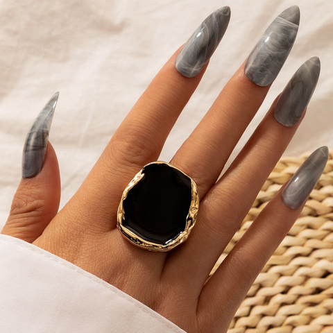 Irregular Gold-Edged Black Enamel Ring