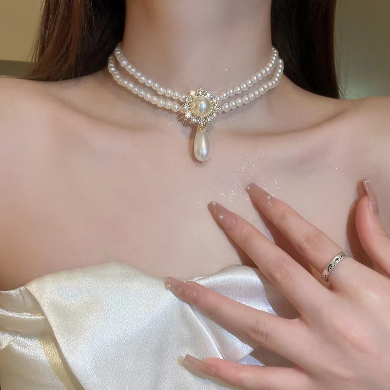 Luxury Double Pearl Chain Necklace with Crystal Embellished Pendant
