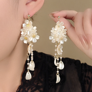 Shell Flower Tassel Pearl Earrings Chinese Style Elegant Dangle Earrings