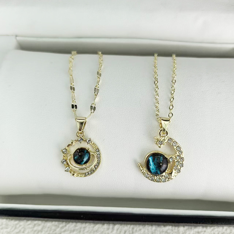 Fashion Moon Star Planet Pendant Necklace Blue Galaxy Stone Rhinestone Crescent Couple Jewelry For Women