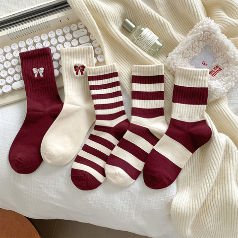 Spring Summer Ankola Red Striped Bow Mid-Calf Socks for Women