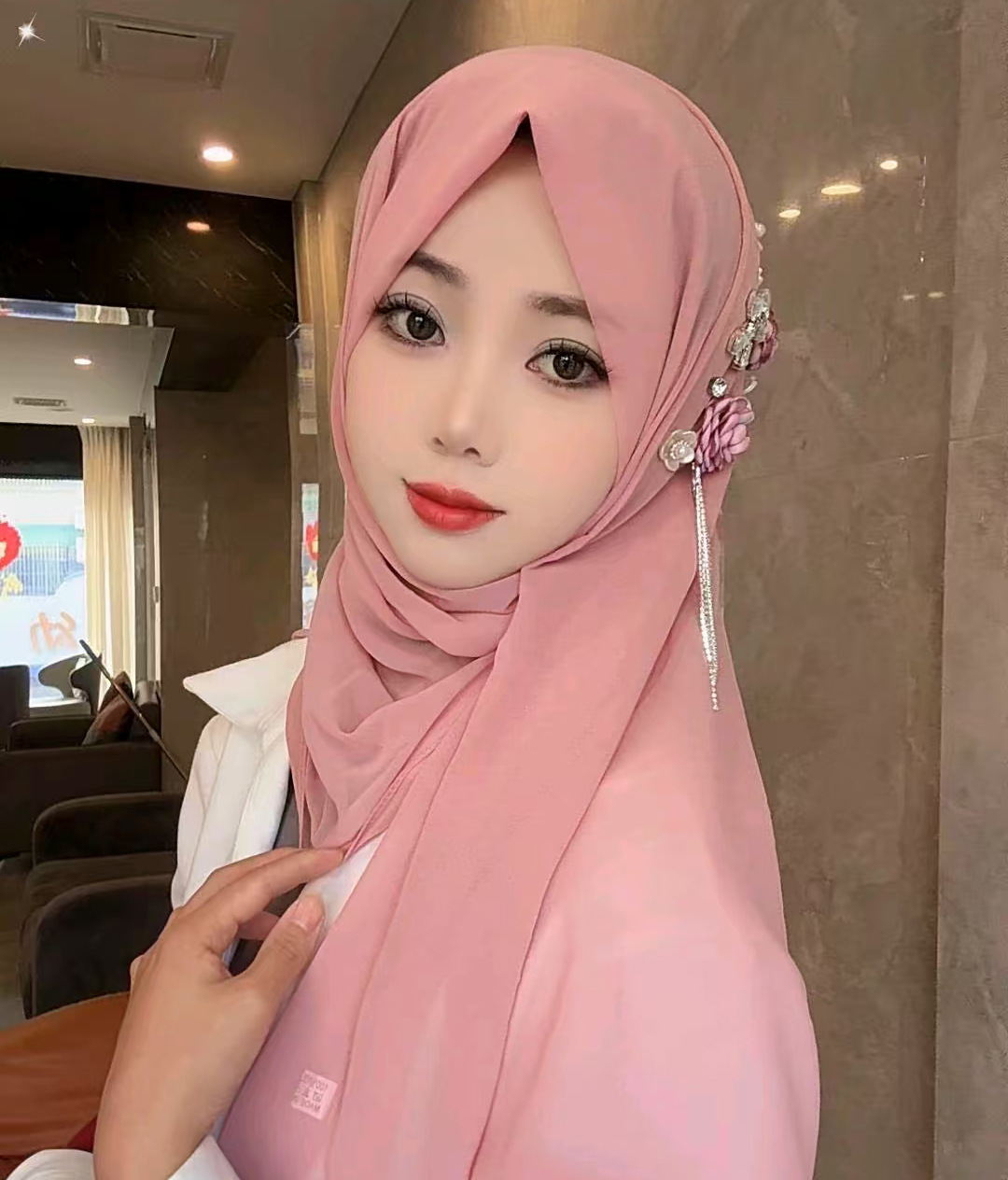Premium Chiffon Hijab Set with Matching Floral Hair Accessory – Modest Fashion for Eid & Events