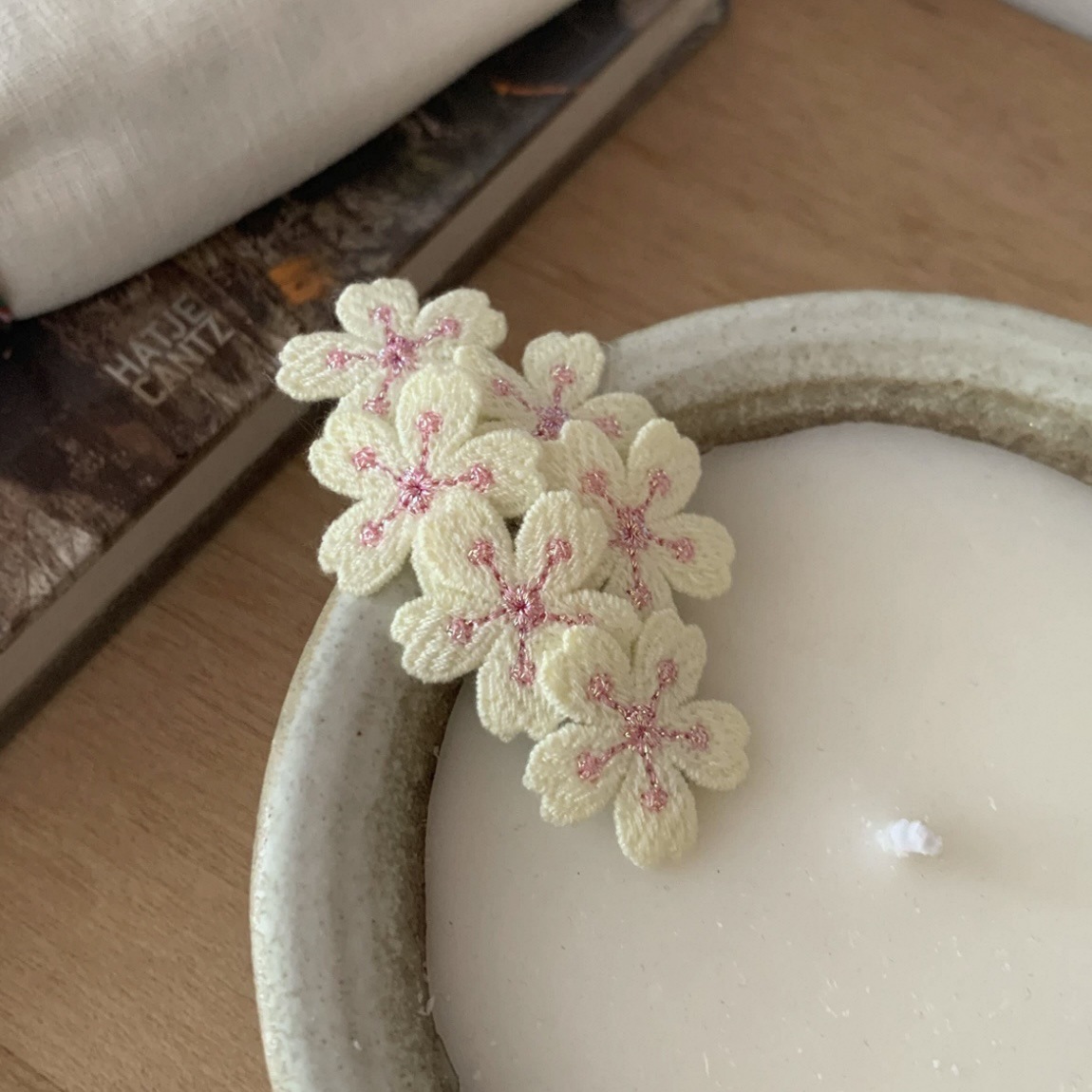 Sweet Pink Cherry Blossom Embroidered Hair Clips